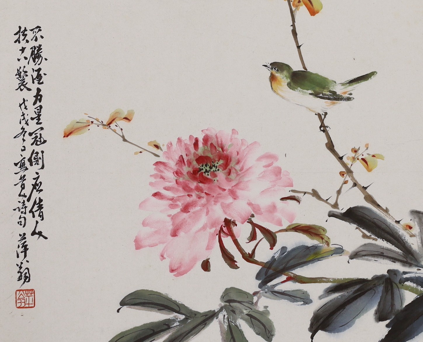 Chinese School, late 20th century, two colour woodblocks on paper, insects or birds and flowers, 25 x 30cm